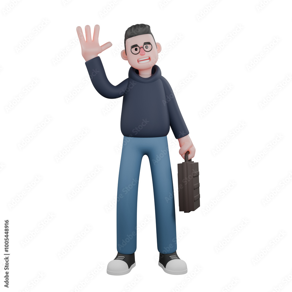 3D Model of Professional Male Programmer. A male programmer stands holding a briefcase in his left hand and his right hand raised as if greeting. Tech Character 3D Model of Professional Male Programmer. A male programmer stands holding a briefcase in his left hand and his right hand raised as if greeting. Tech Character