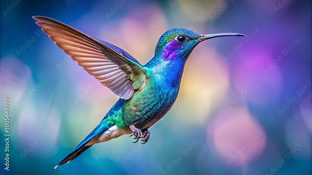 Fototapeta premium A vibrant hummingbird, a blur of blues, greens, and purples, hovers against a soft background of pastel colors.