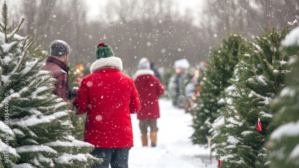 People Choosing a Christmas Tree in a Snowy Forest People Choosing a Christmas Tree in a Snowy Forest