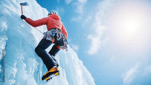 Ice climber scaling a frozen waterfall, axe mid-swing, intense focus, showcasing the thrill and danger of winter extreme sports photo