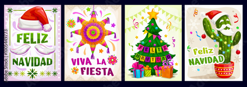 Hispanic Christmas Feliz Navidad retro greetings on posters or banners, cartoon vector. Spanish Christmas greeting of Feliz Navidad for winter holiday with cactus in Santa hat, pinata and Xmas tree