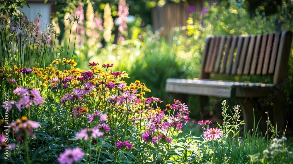 A serene garden scene featuring vibrant flowers and a wooden bench, perfect for relaxation and nature appreciation. A serene garden scene featuring vibrant flowers and a wooden bench, perfect for relaxation and nature appreciation.