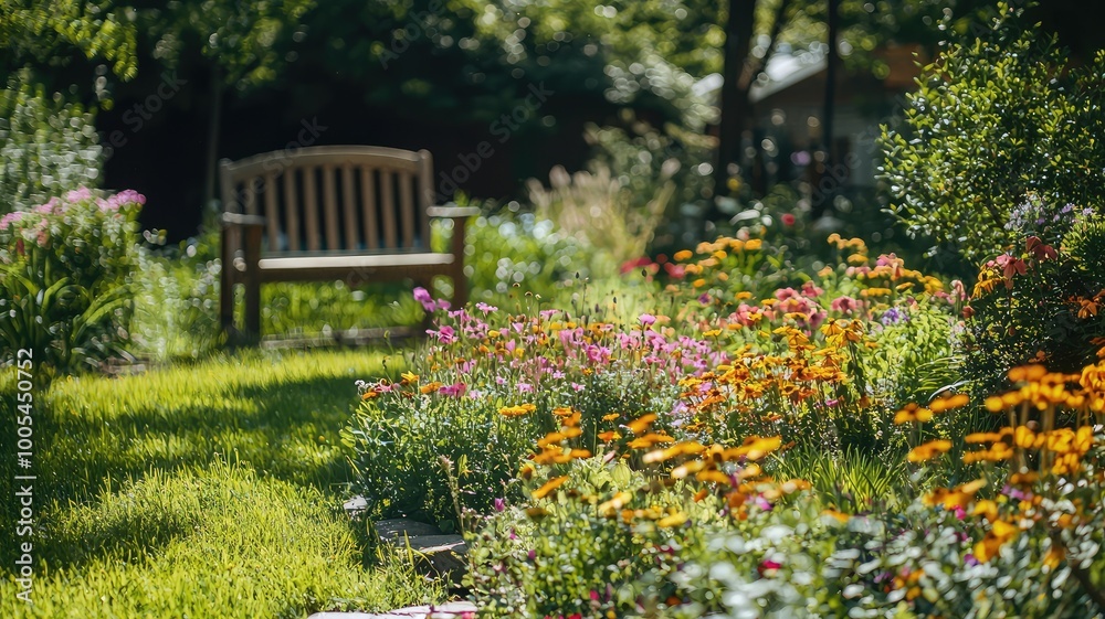 A serene garden scene featuring vibrant flowers and a wooden bench, perfect for relaxation in nature's beauty. A serene garden scene featuring vibrant flowers and a wooden bench, perfect for relaxation in nature's beauty.