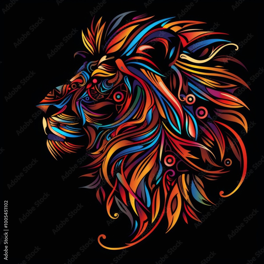Silhouette of a lion head with vibrant tribal patterns. Silhouette of a lion head with vibrant tribal patterns.