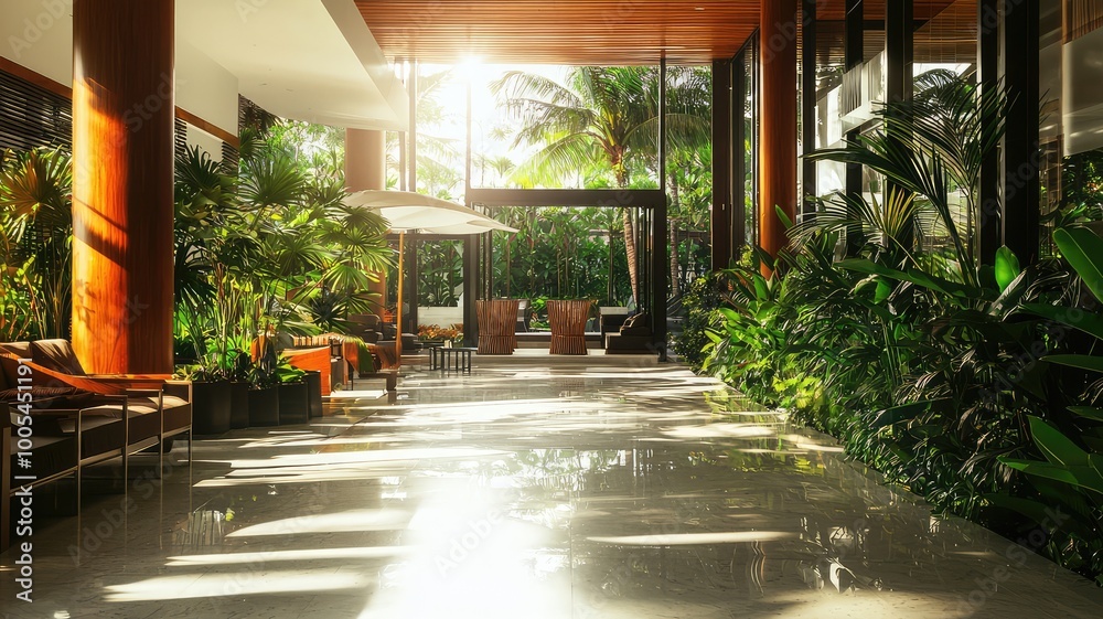 Fototapeta premium A serene indoor space featuring lush greenery, modern furnishings, and natural light creating a peaceful atmosphere.