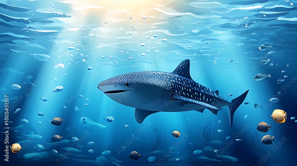Fototapeta premium A whale shark swims in the ocean with sunlight shining down on it.