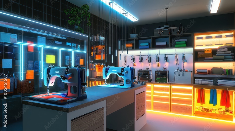 An eco-friendly tailor shop with LED lighting, sewing machines powered by solar energy, and non-toxic fabrics