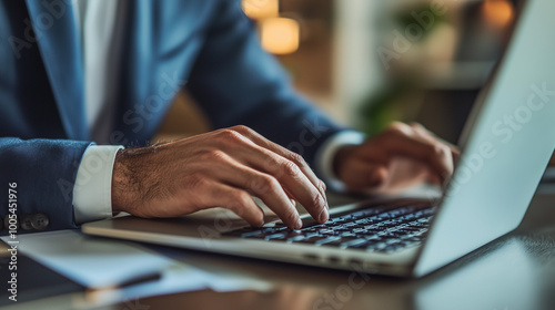 Close up of Businessman working on laptop computer in modern office, businessman's hands typing on laptop keyboard. Ai generated images