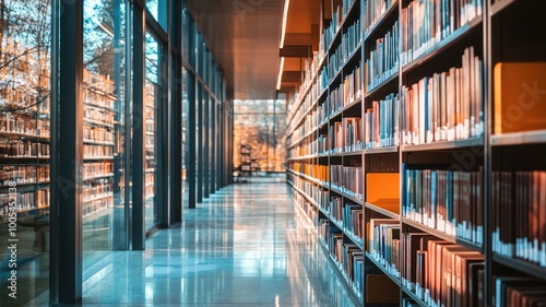 A serene library interior featuring shelves of books, large windows allowing natural light, and a polished floor.