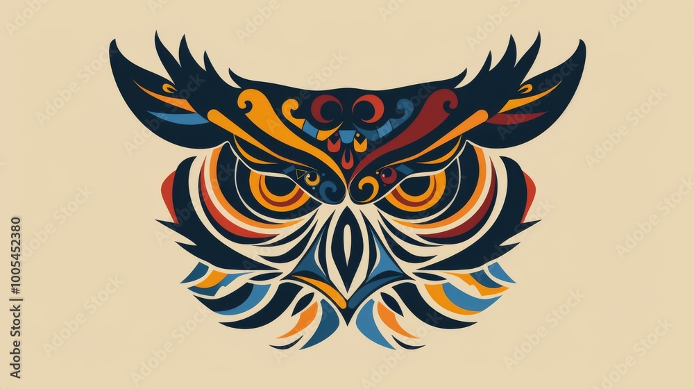 Obraz premium Silhouette of an owl head adorned with colorful tribal designs.