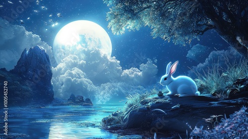 A serene night scene featuring a glowing rabbit by a tranquil lake under a luminous moon, creating a magical atmosphere.