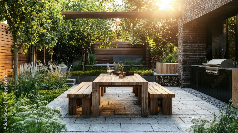A serene outdoor dining area featuring a wooden table and benches, surrounded by lush greenery and a tranquil atmosphere.