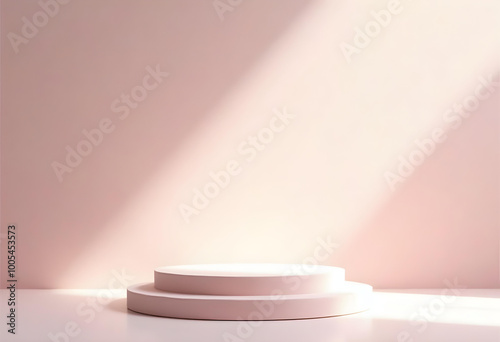 minimalist abstract display podium platform with soft lighting creates elegant atmosphere. gentle shadows enhance serene ambiance, perfect for showcasing products or art