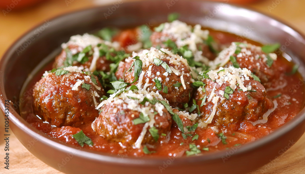 A bowl of meatballs in marinara sauce, garnished with herbs and cheese, showcasing a delicious meal.