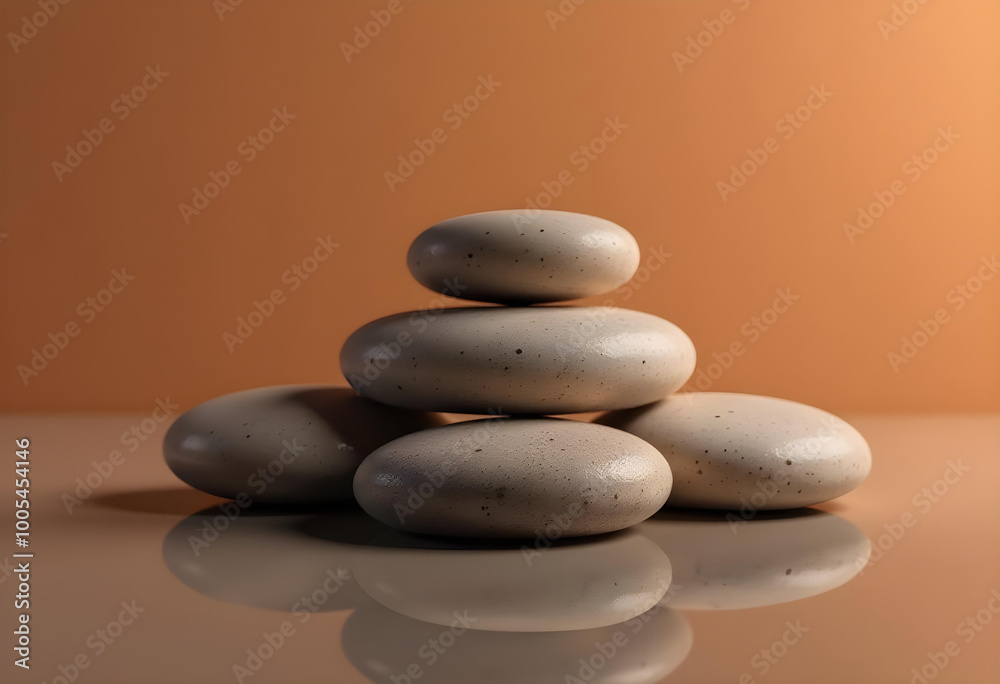 Smooth, rounded stones stacked in pyramid shape create serene and calming display against warm orange background, reflecting tranquility and balance Smooth, rounded stones stacked in pyramid shape create serene and calming display against warm orange background, reflecting tranquility and balance
