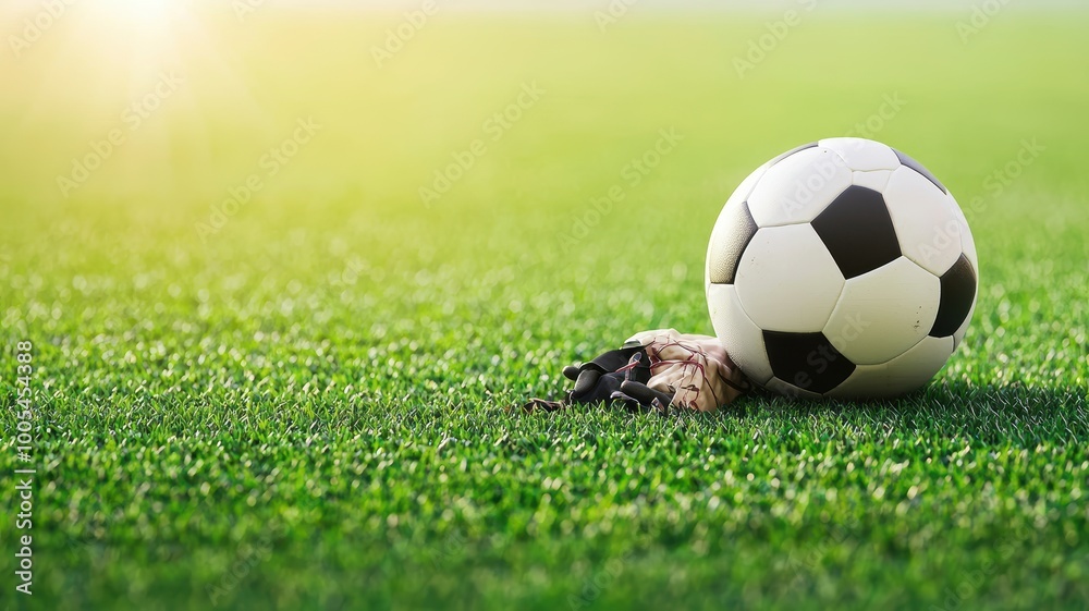 Naklejka premium Soccer Ball and Shoe on Fresh Green Grass Field