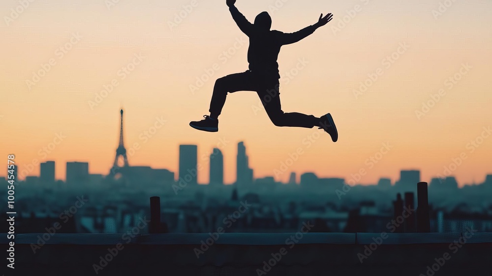 Parkour athlete performing a daring leap between rooftops, city skyline in the background, conveying freedom Parkour athlete performing a daring leap between rooftops, city skyline in the background, conveying freedom