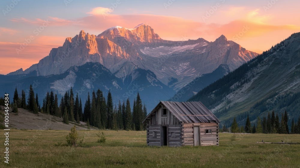 Wooden cabin in a serene valley with towering mountains. Wooden cabin in a serene valley with towering mountains.