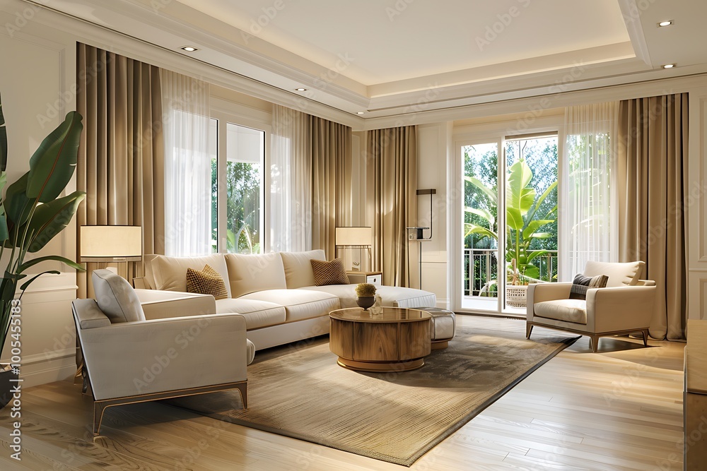 Fototapeta premium Living room interior design with beige furniture, hardwood flooring, sofa, armchair with lamp