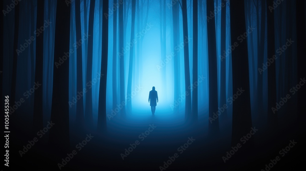 Fototapeta premium Mysterious Figure in Foggy Forest at Night