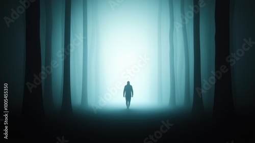 Mysterious Figure Walking in Foggy Forest