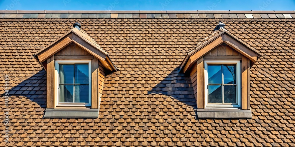 Wood shingle roof with two dormers and windows Wood shingle roof with two dormers and windows