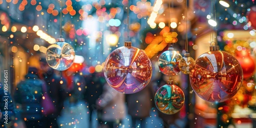 A group of Christmas ornaments hanging from a window