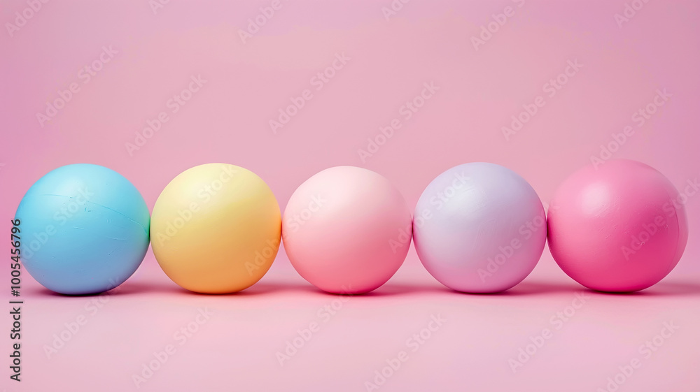Soft pastel spheres arranged in a harmonious line on a delicate pink backdrop Soft pastel spheres arranged in a harmonious line on a delicate pink backdrop