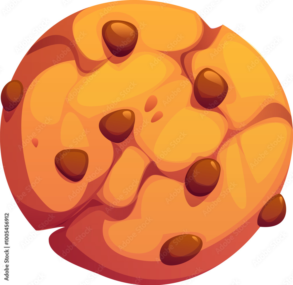 Fototapeta premium Cartoon chocolate chip cookie, confectionery and sweet pastry. Isolated vector bakery with a golden-brown crunchy texture and multiple dark chocolate chips scattered across its round cracked surface