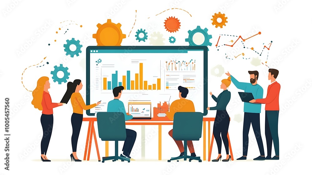 A group of business people are gathered around a large screen, analyzing graphs and charts. A group of business people are gathered around a large screen, analyzing graphs and charts.