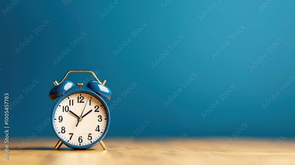 Classic Blue Alarm Clock on Wooden Table Classic Blue Alarm Clock on Wooden Table