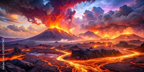 Volcanic Eruption with Fiery Lava Streams and Dramatic Sky