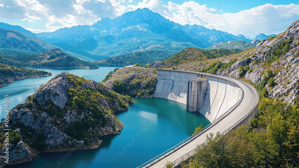 A stunning landscape featuring a dam, tranquil water, and majestic mountains under a bright blue sky. A stunning landscape featuring a dam, tranquil water, and majestic mountains under a bright blue sky.