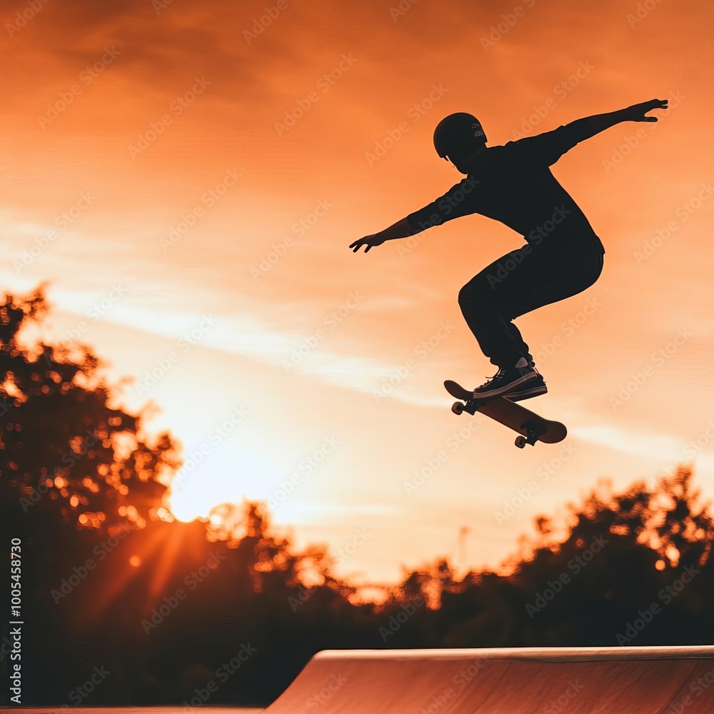 custom made wallpaper toronto digitalSkateboarder flying over a half-pipe, sunset background, capturing air time, motion, and adrenaline in street sports