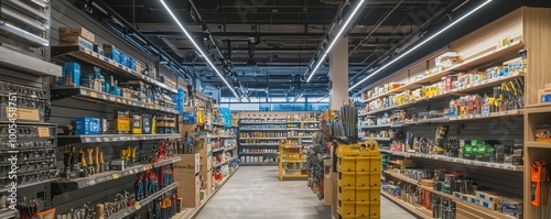 An environmentally conscious hardware store offering tools and materials sourced from sustainable manufacturers, with LED lighting throughout