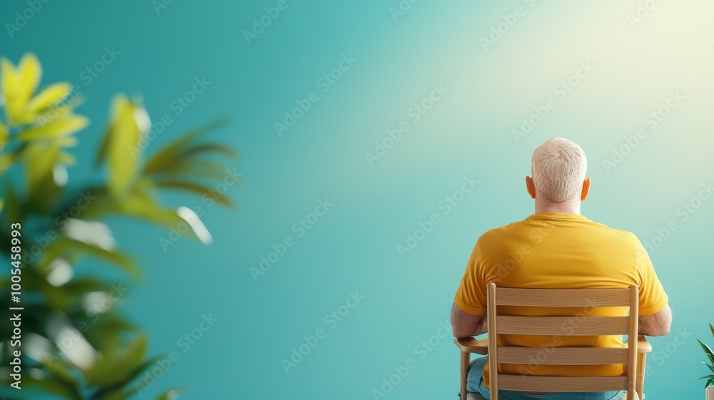Fototapeta premium Man Sitting on Chair with Green Background and Plants