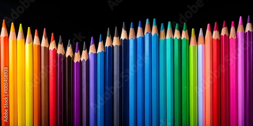A vibrant spectrum of colored pencils aligned in a row, each showcasing a unique hue, creating a dazzling display of color against a dark background.