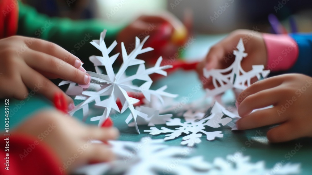 Children's Hands Creating Paper Snowflakes Children's Hands Creating Paper Snowflakes