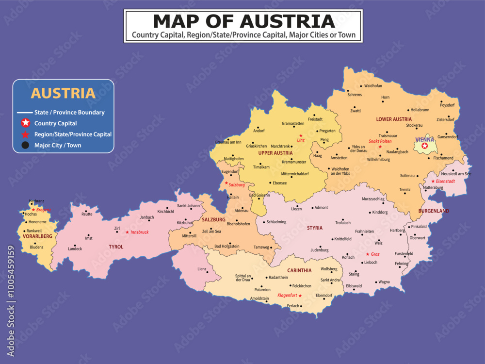 Obraz premium European Country Geography Political map. Political map of country with capital, province or state capital, major cities and town.