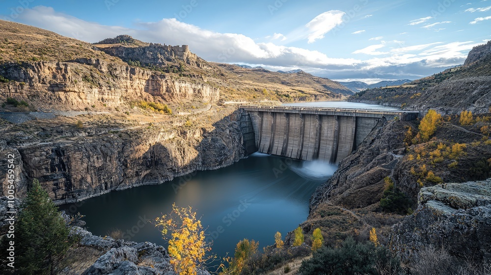 A stunning view of a dam surrounded by rocky terrain and calm water, showcasing the beauty of nature and engineering. A stunning view of a dam surrounded by rocky terrain and calm water, showcasing the beauty of nature and engineering.