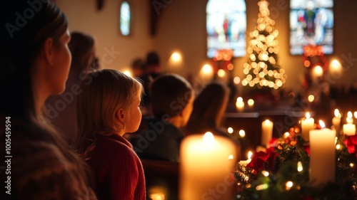 Children and adults observing a Christmas tree in a dimly lit church setting