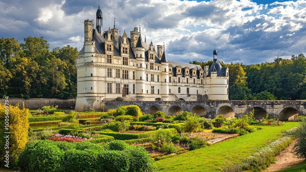 Fototapeta premium A stunning view of a historic castle surrounded by lush gardens under a dramatic sky, exemplifying architectural beauty and nature.