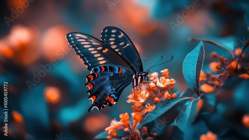 Colorful butterfly resting on vibrant flowers in a natural setting.