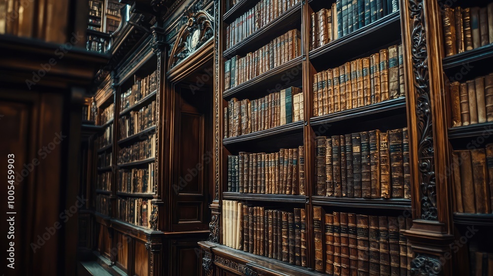 A stunning view of an antique library with richly crafted wooden shelves filled with classic books, showcasing timeless elegance.