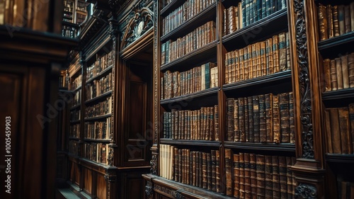 A stunning view of an antique library with richly crafted wooden shelves filled with classic books, showcasing timeless elegance.