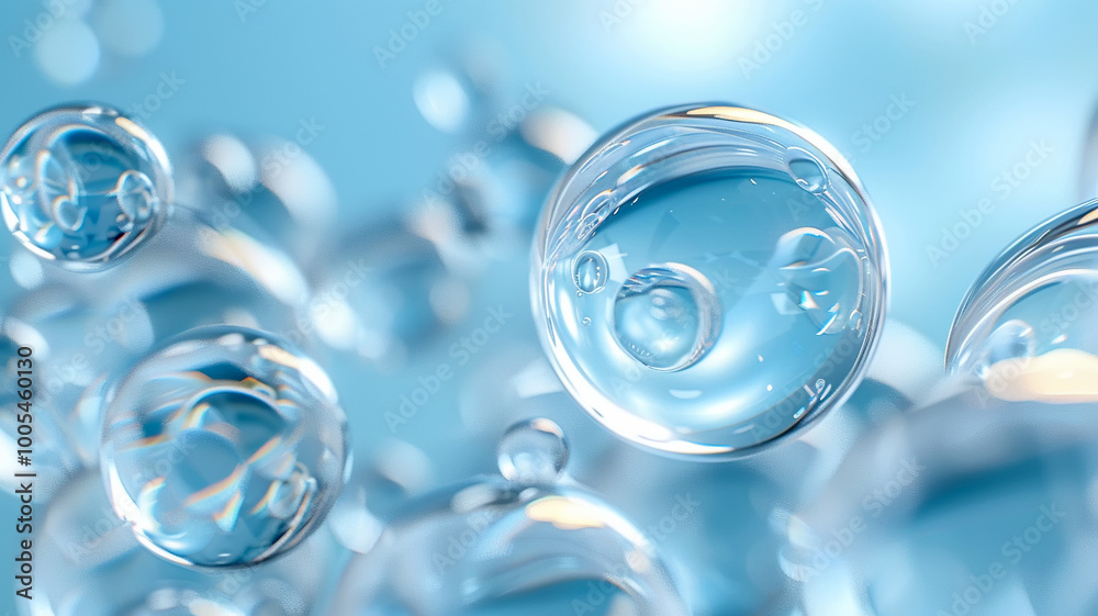 Mesmerizing water bubbles float against a serene blue background in soft natural light Mesmerizing water bubbles float against a serene blue background in soft natural light