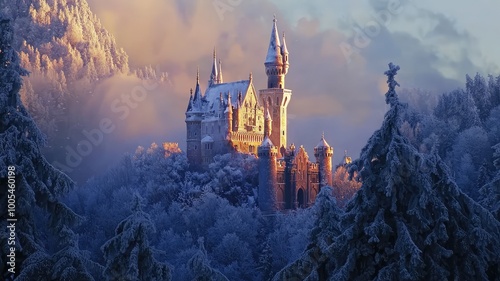 A stunning winter scene featuring a majestic castle amidst snow-covered trees, illuminated by soft morning light.