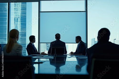 business people silhouettes in a conference room looking at empty screen, office meeting, large city buildings outside the windows, copy space, photorealistic