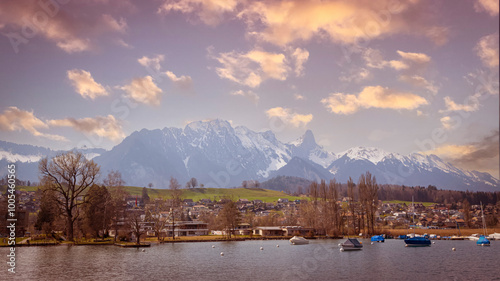 Stunning idylic  of sunset scene of the nature scenery of mountain lake,Switzerland photo