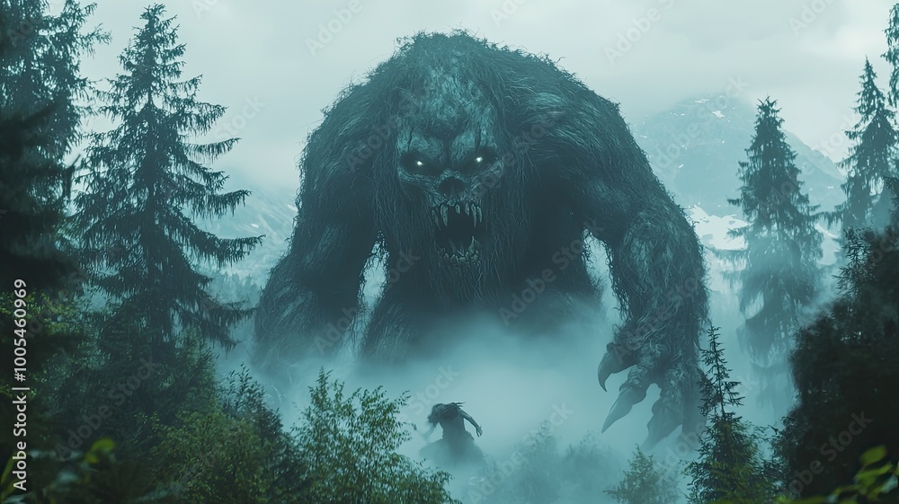A towering monster looms over a foggy forest, creating an eerie atmosphere filled with mystery and suspense. A towering monster looms over a foggy forest, creating an eerie atmosphere filled with mystery and suspense.